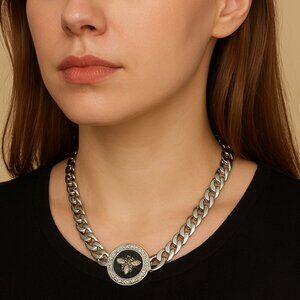 Bee Medallion Pendant Chain Necklace Crystal Accents 16"2 Adj Silvertone NEW